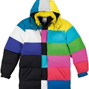 Adidas x Jeremy Scott TV rainbow puffer coat